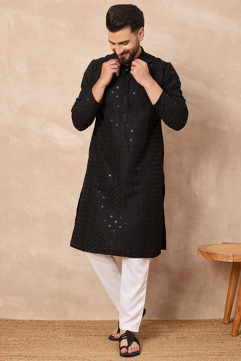 Black Viscose Rayon Solid Embroidered Straight Kurta HOPMKU1224