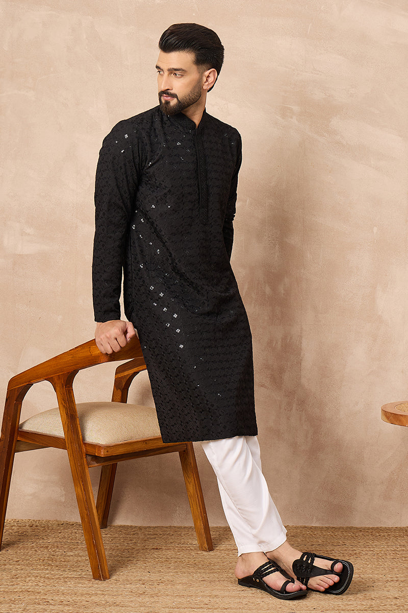 Black Viscose Rayon Solid Embroidered Straight Kurta HOPMKU1224