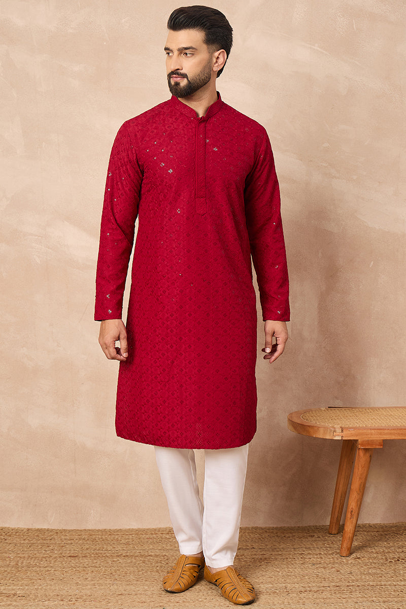 Maroon Viscose Rayon Solid Embroidered Straight Kurta HOPMKU1226