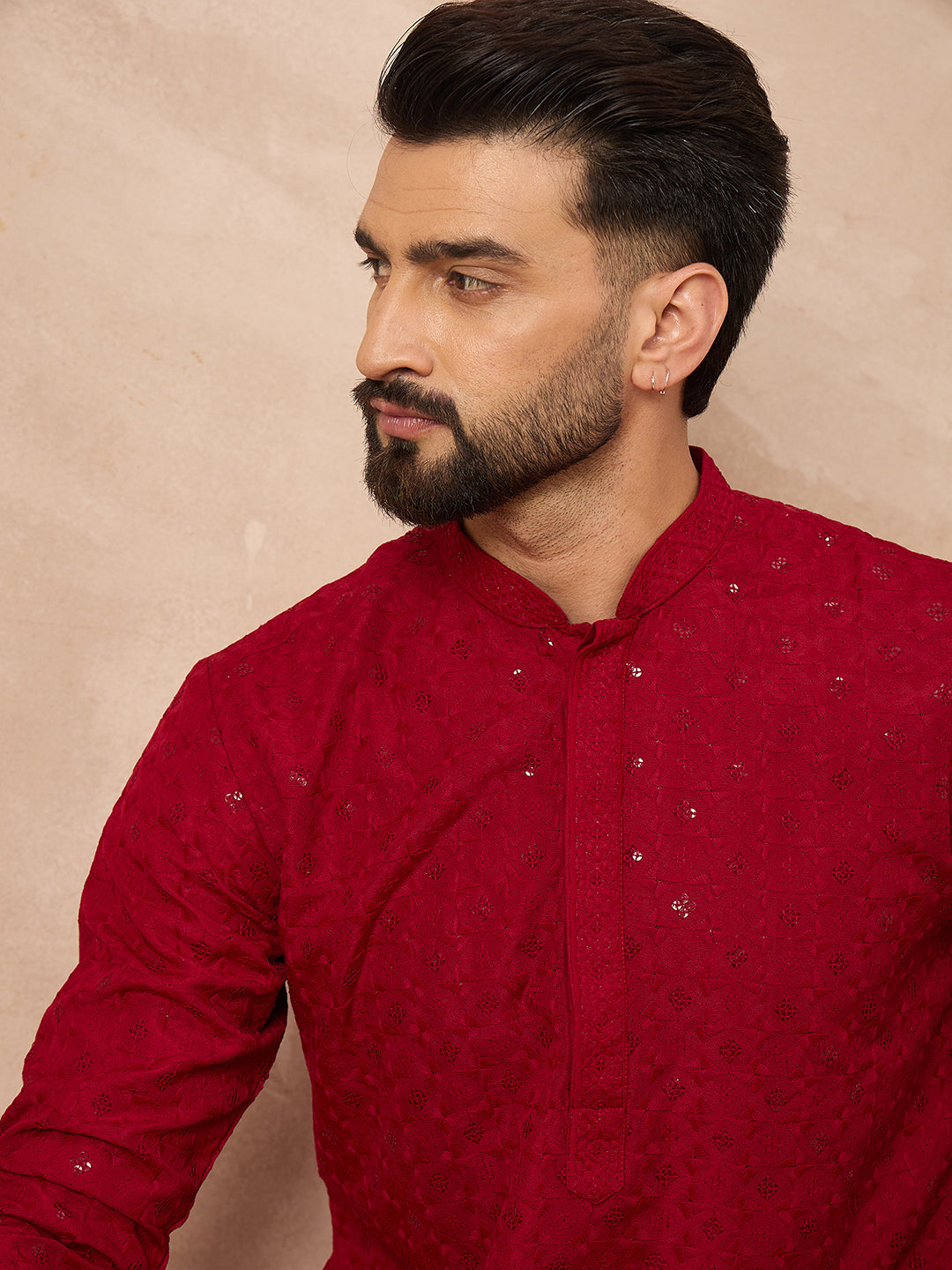 Men Maroon Viscose Rayon Solid Embroidered Straight Kurta-MKU1226