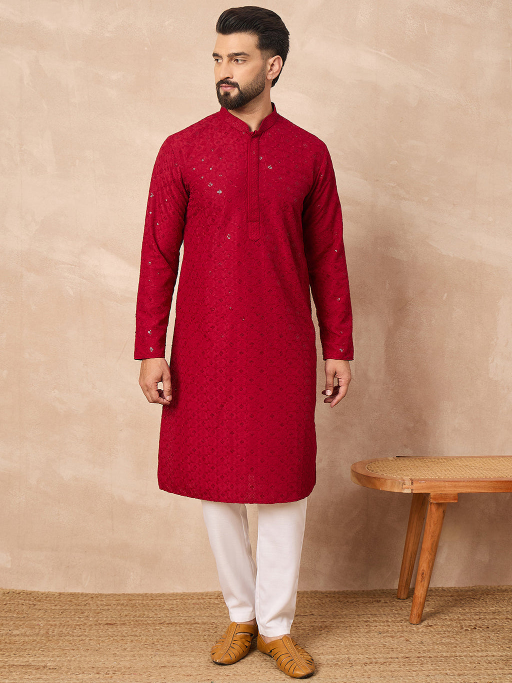 Men Maroon Viscose Rayon Solid Embroidered Straight Kurta-MKU1226