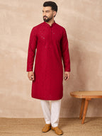 Men Maroon Viscose Rayon Solid Embroidered Straight Kurta-MKU1226