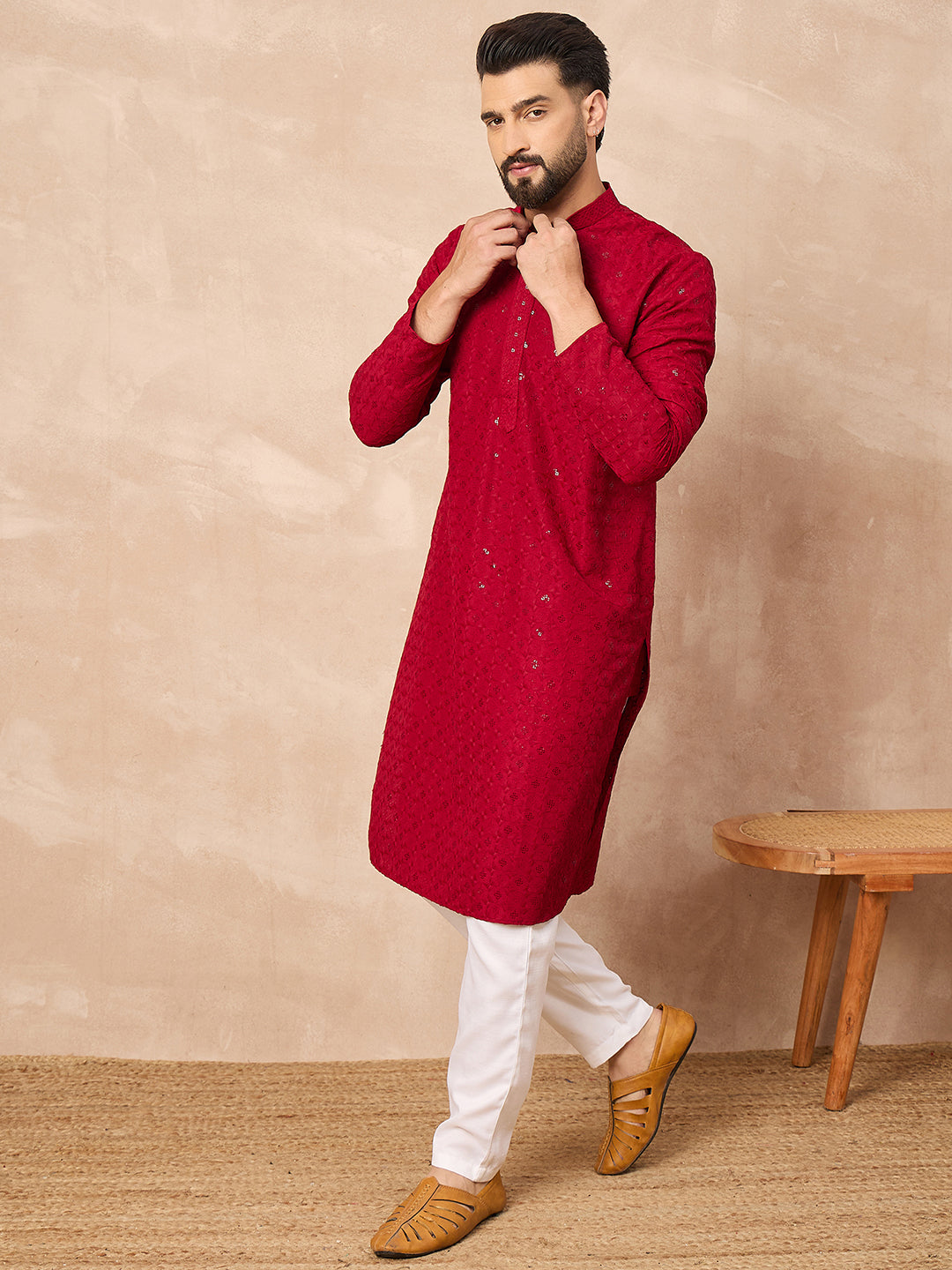 Men Maroon Viscose Rayon Solid Embroidered Straight Kurta-MKU1226