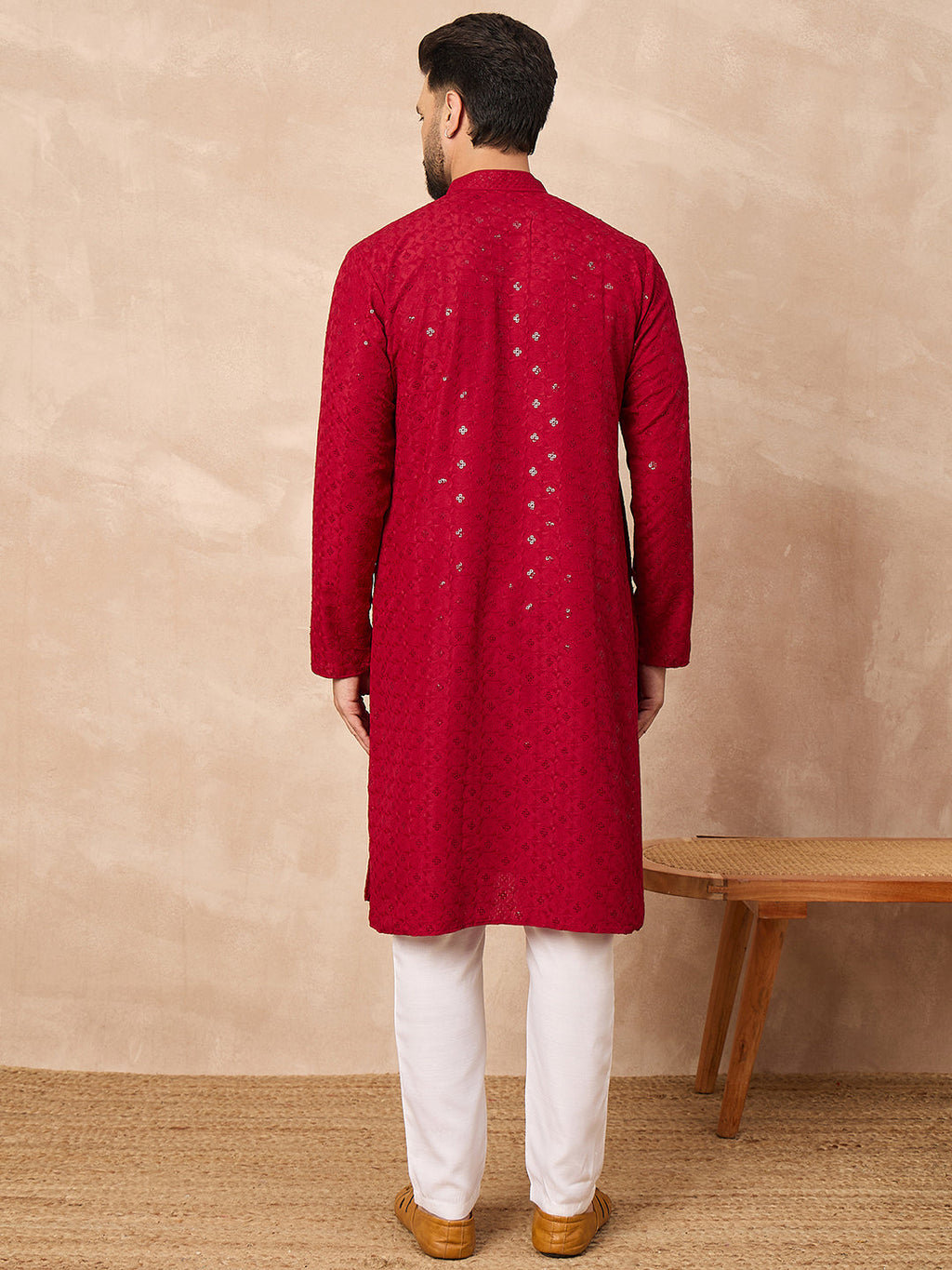 Men Maroon Viscose Rayon Solid Embroidered Straight Kurta-MKU1226