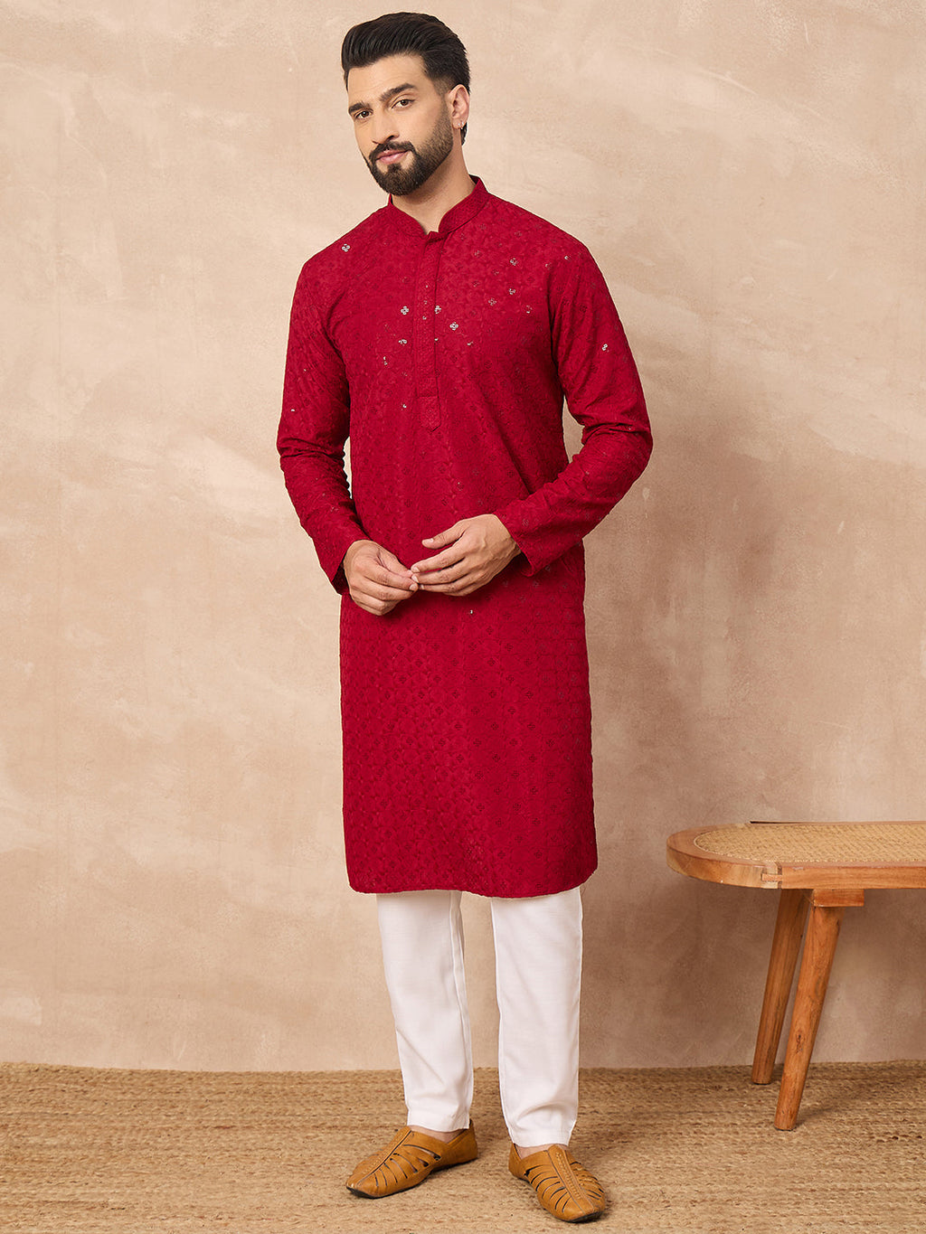 Men Maroon Viscose Rayon Solid Embroidered Straight Kurta-MKU1226