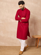 Men Maroon Viscose Rayon Solid Embroidered Straight Kurta-MKU1226