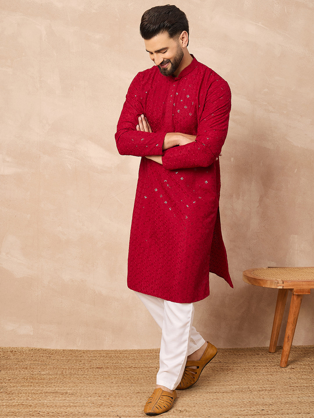 Men Maroon Viscose Rayon Solid Embroidered Straight Kurta-MKU1226