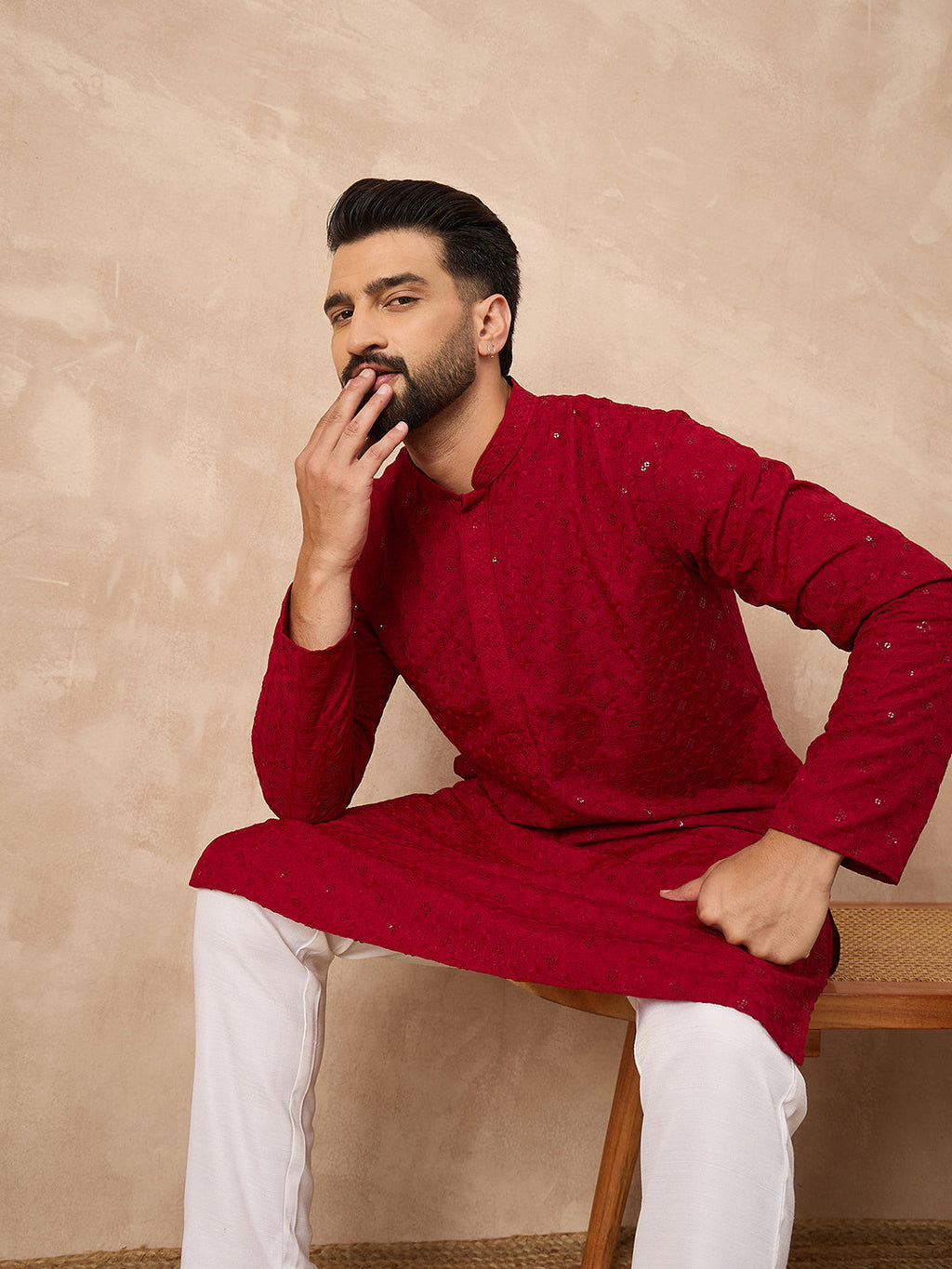 Men Maroon Viscose Rayon Solid Embroidered Straight Kurta-MKU1226