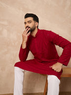 Men Maroon Viscose Rayon Solid Embroidered Straight Kurta-MKU1226