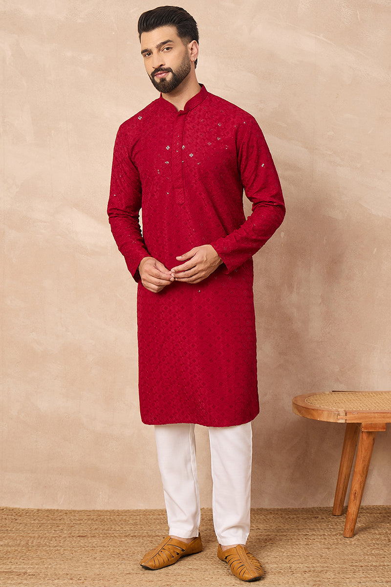 Maroon Viscose Rayon Solid Embroidered Straight Kurta HOPMKU1226