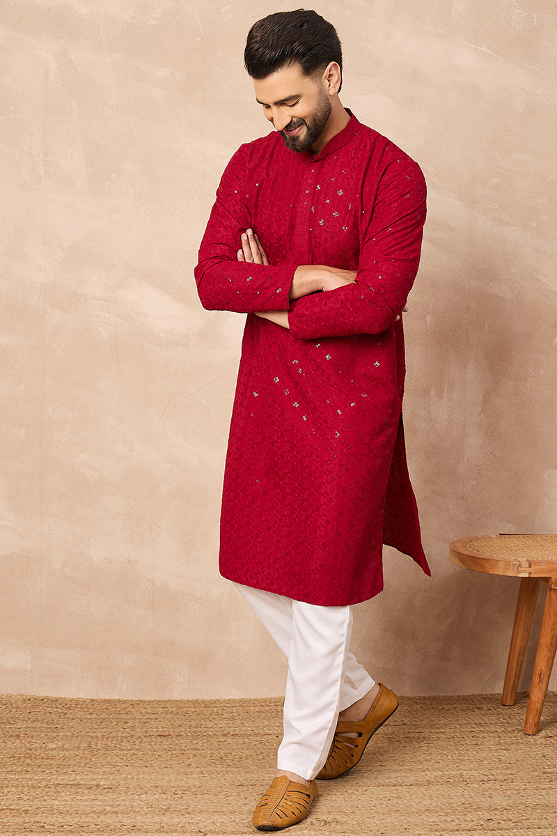 Maroon Viscose Rayon Solid Embroidered Straight Kurta HOPMKU1226