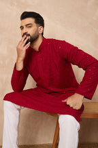 Maroon Viscose Rayon Solid Embroidered Straight Kurta HOPMKU1226