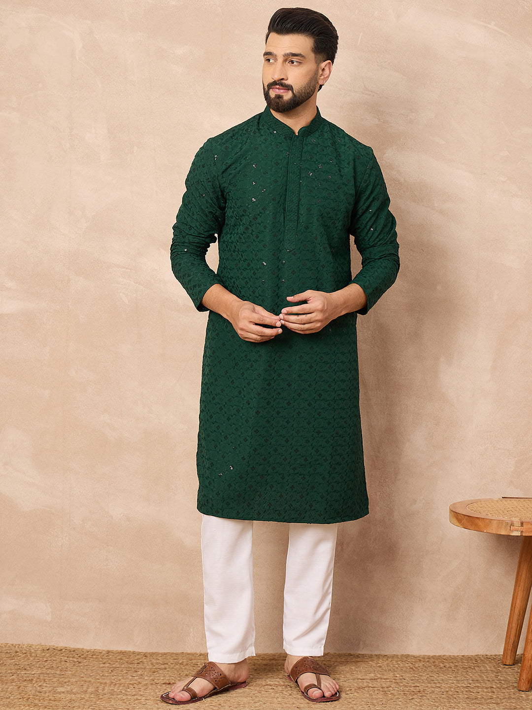Men Green Viscose Rayon Solid Embroidered Straight Kurta-MKU1227