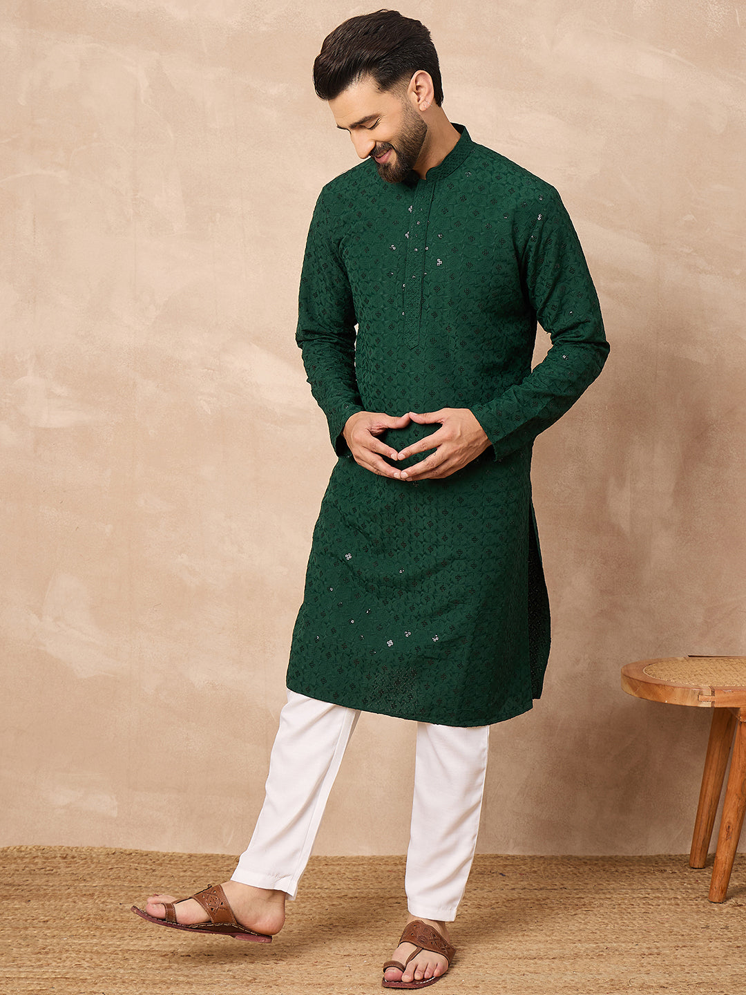 Men Green Viscose Rayon Solid Embroidered Straight Kurta-MKU1227