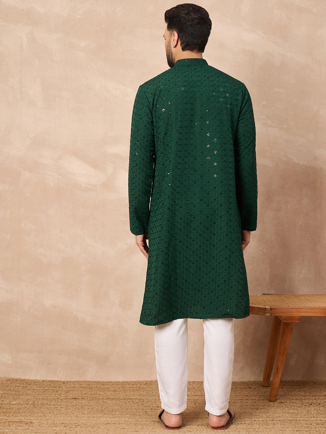 Men Green Viscose Rayon Solid Embroidered Straight Kurta-MKU1227