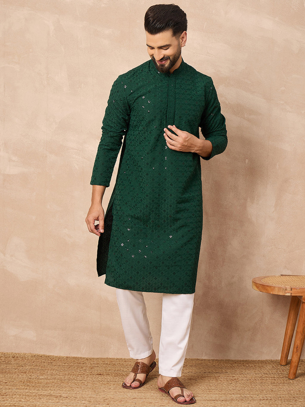 Men Green Viscose Rayon Solid Embroidered Straight Kurta-MKU1227