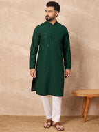 Men Green Viscose Rayon Solid Embroidered Straight Kurta-MKU1227