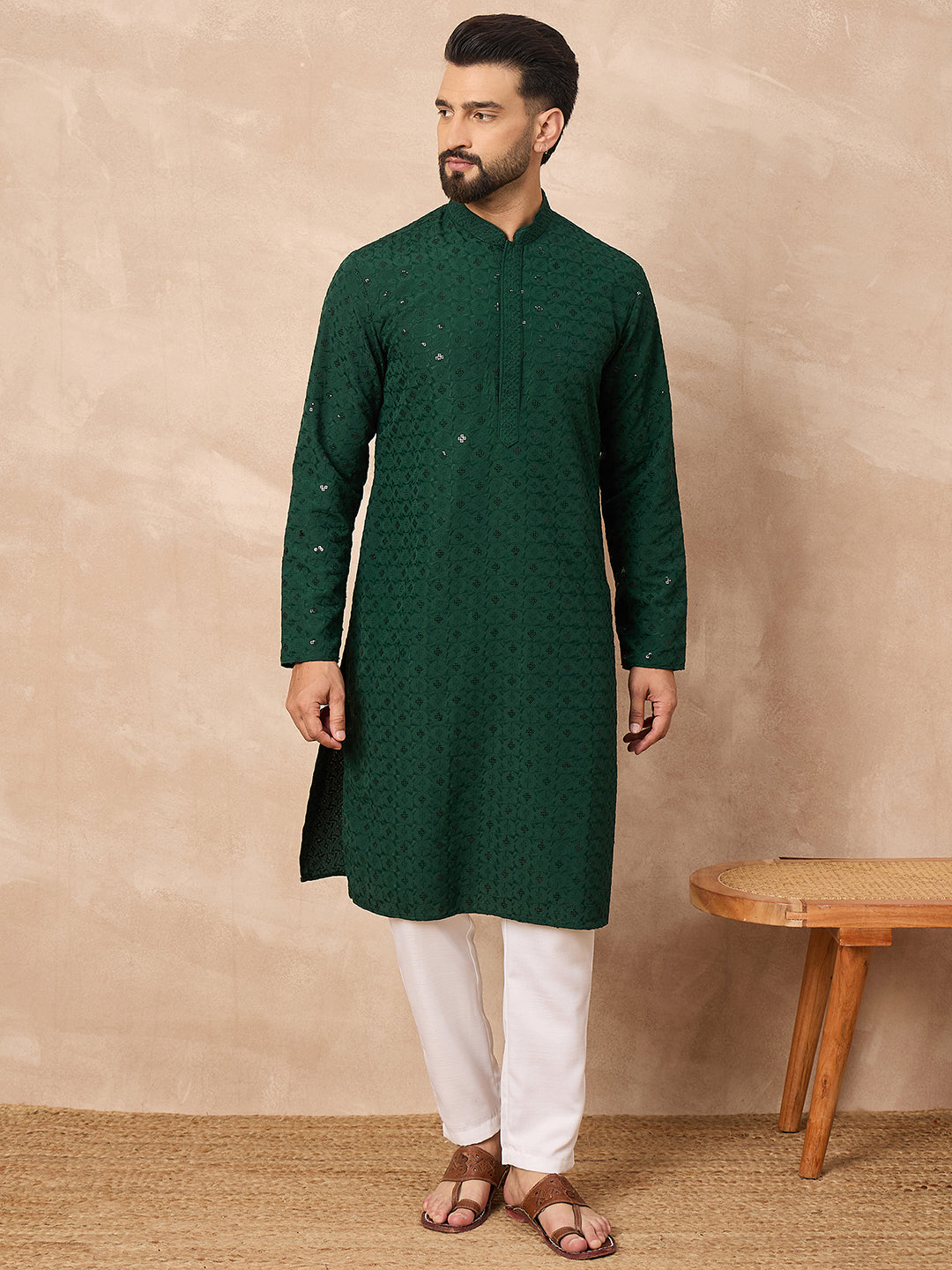 Men Green Viscose Rayon Solid Embroidered Straight Kurta-MKU1227
