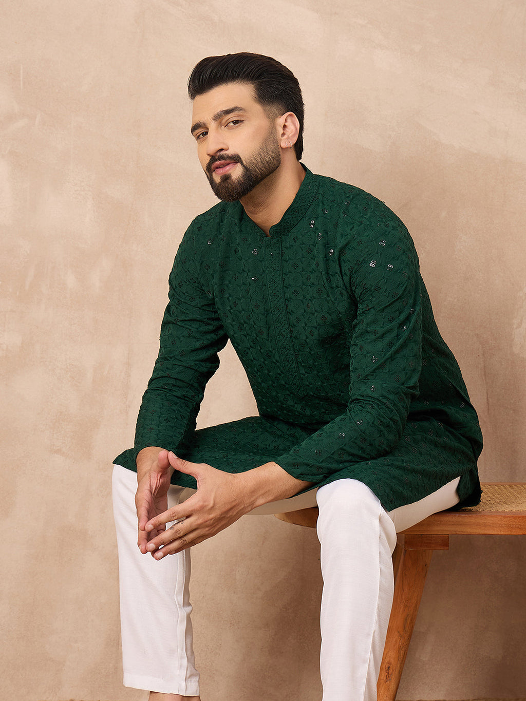 Men Green Viscose Rayon Solid Embroidered Straight Kurta-MKU1227