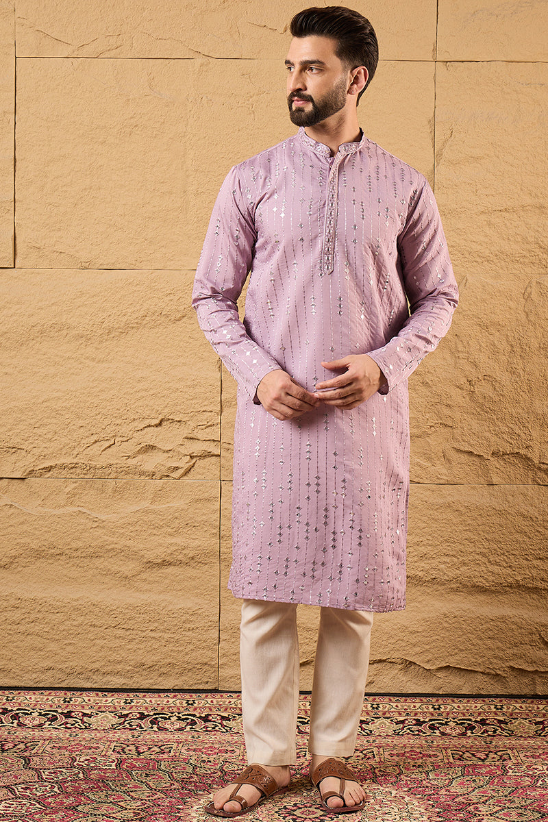 Lavender Viscose Rayon Embroidered Mandarin Collar Straight Kurta MKU1233