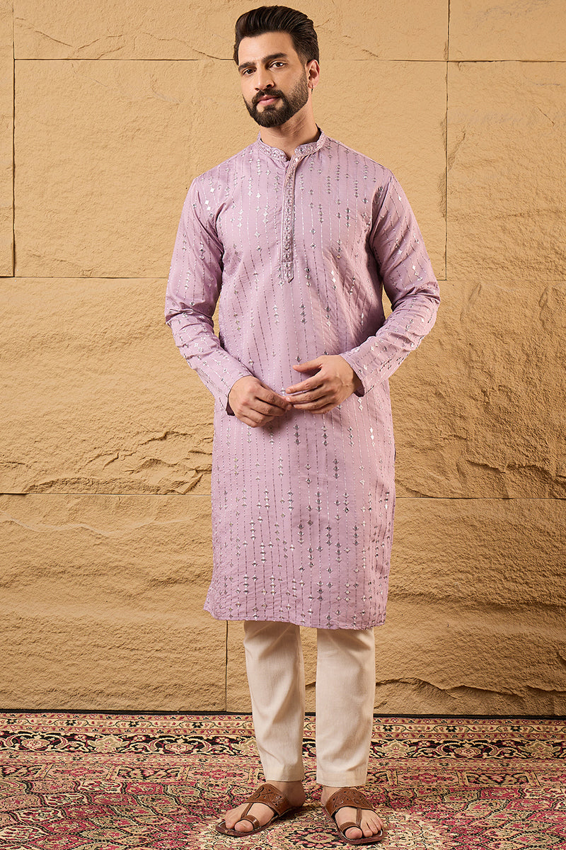 Lavender Viscose Rayon Embroidered Mandarin Collar Straight Kurta MKU1233