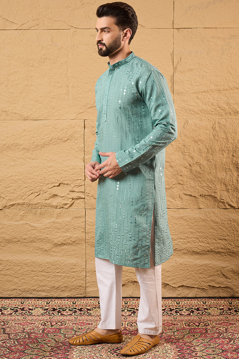 Blue Viscose Rayon Embroidered Mandarin Collar Straight Kurta MKU1234