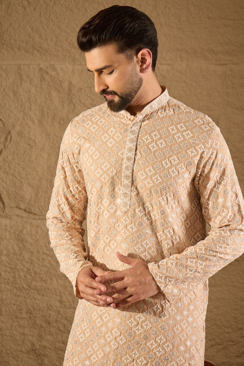 Beige Viscose Rayon Solid Embroidered Straight Kurta HOPMKU1235
