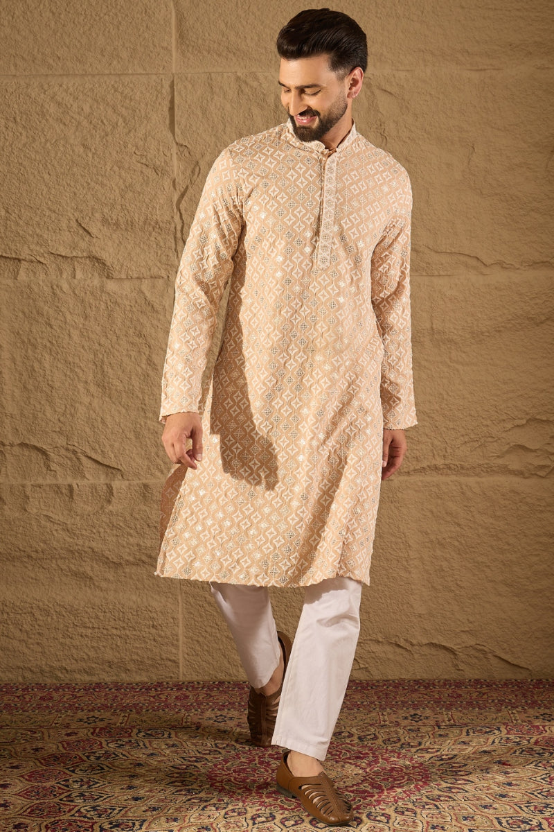 Beige Viscose Rayon Solid Embroidered Straight Kurta HOPMKU1235
