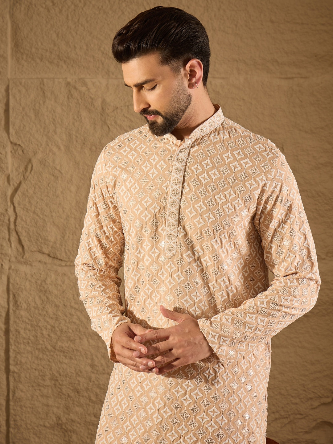 Men Beige Viscose Rayon Solid Embroidered Straight Kurta-MKU1235