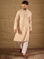 Men Beige Viscose Rayon Solid Embroidered Straight Kurta-MKU1235