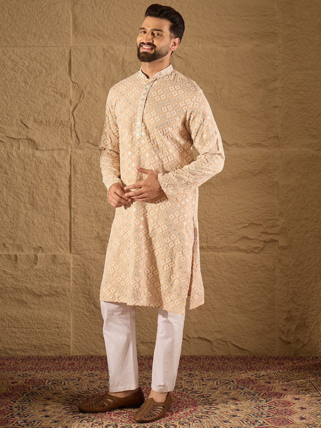 Men Beige Viscose Rayon Solid Embroidered Straight Kurta-MKU1235