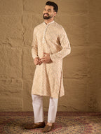 Men Beige Viscose Rayon Solid Embroidered Straight Kurta-MKU1235