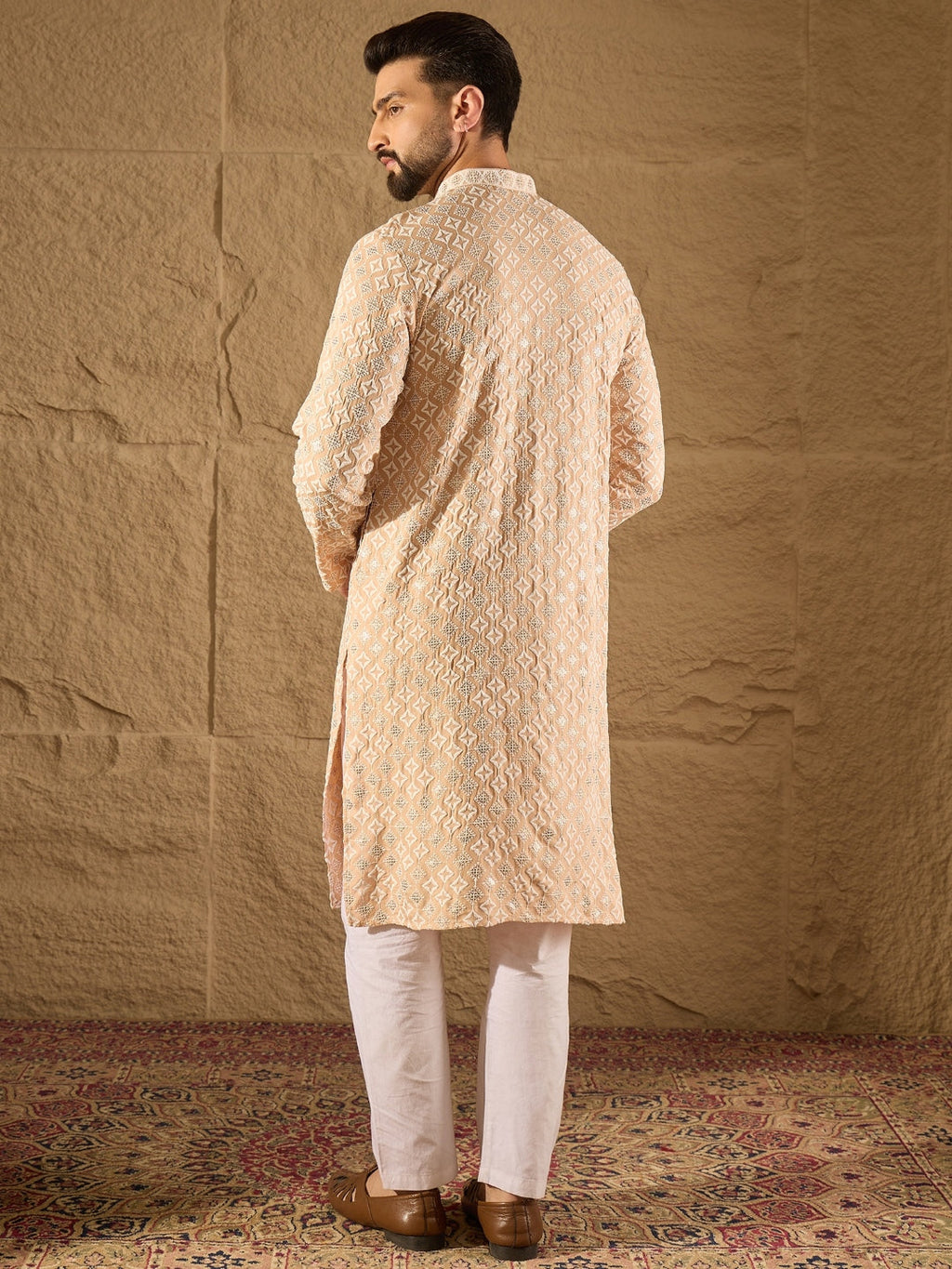 Men Beige Viscose Rayon Solid Embroidered Straight Kurta-MKU1235