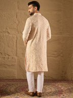 Men Beige Viscose Rayon Solid Embroidered Straight Kurta-MKU1235