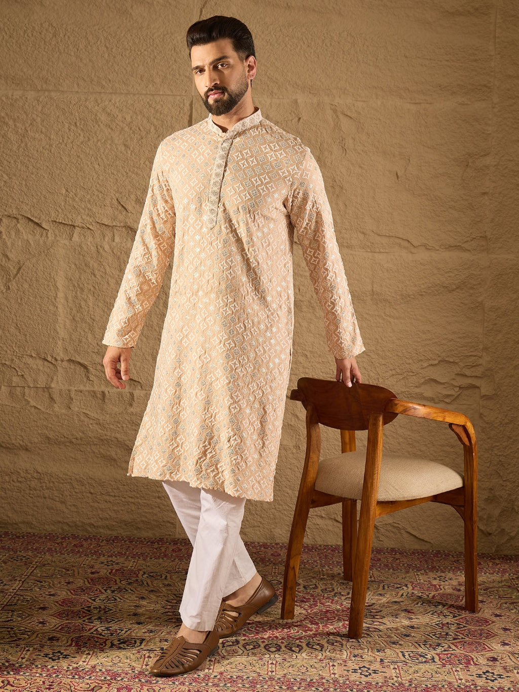 Men Beige Viscose Rayon Solid Embroidered Straight Kurta-MKU1235