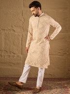 Men Beige Viscose Rayon Solid Embroidered Straight Kurta-MKU1235