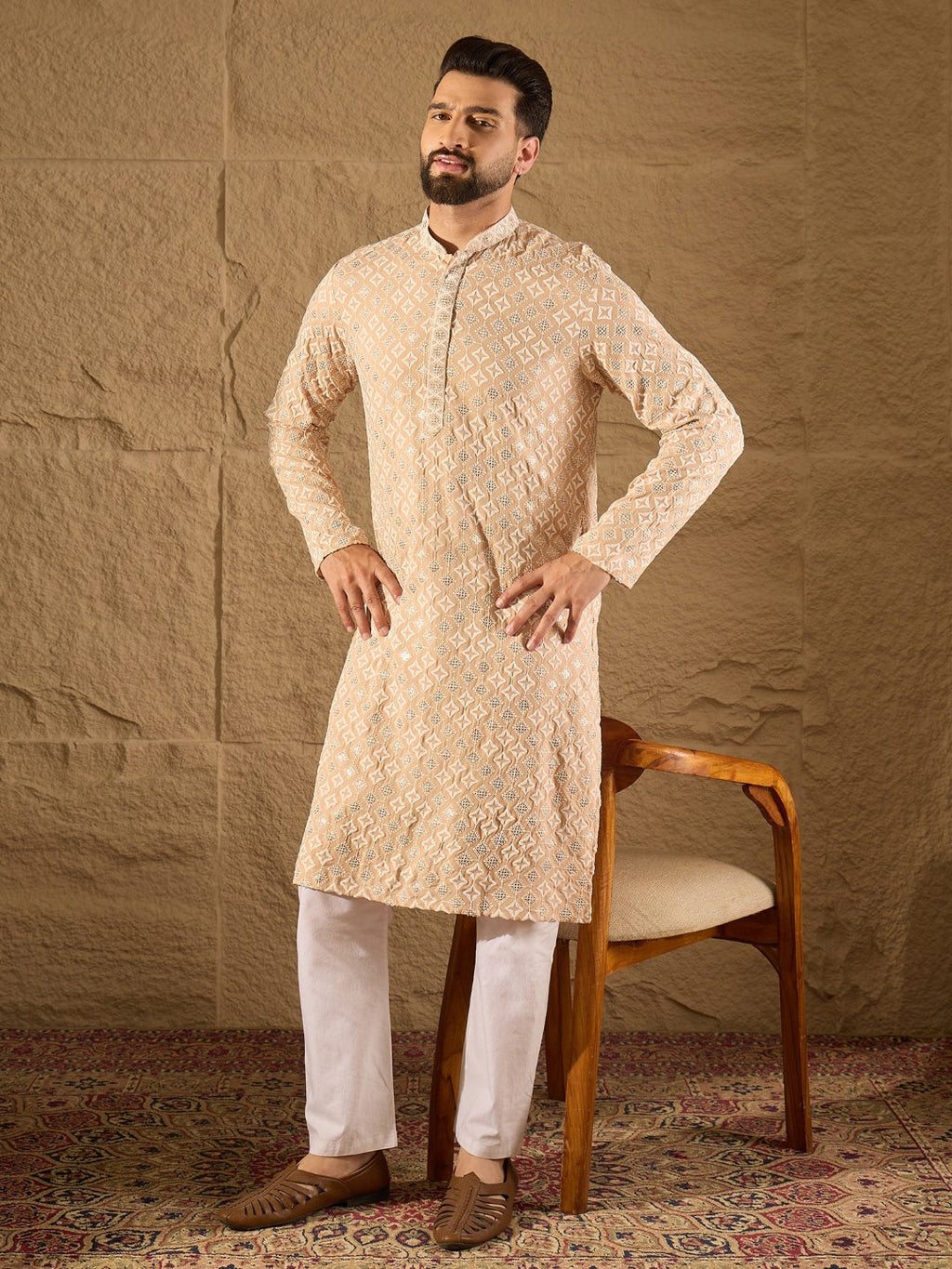 Men Beige Viscose Rayon Solid Embroidered Straight Kurta-MKU1235