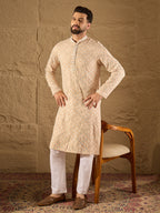 Men Beige Viscose Rayon Solid Embroidered Straight Kurta-MKU1235