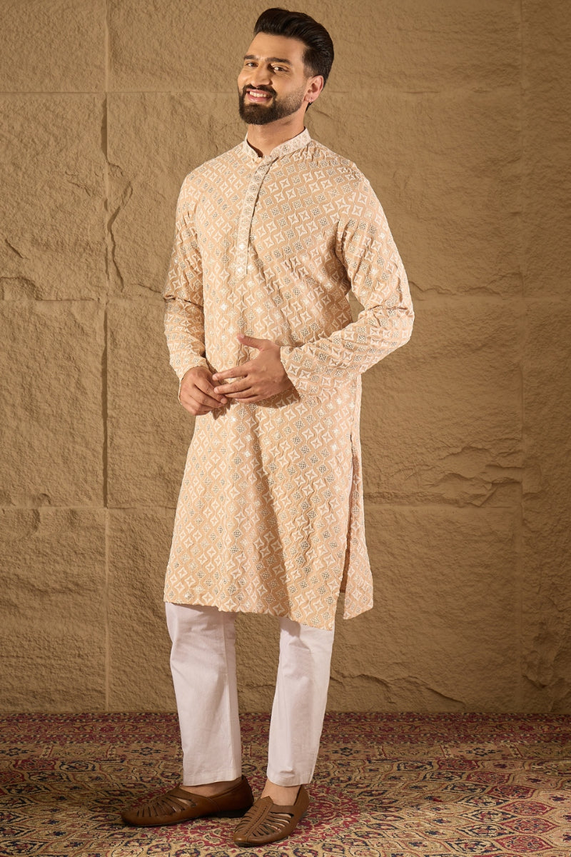 Beige Viscose Rayon Solid Embroidered Straight Kurta HOPMKU1235