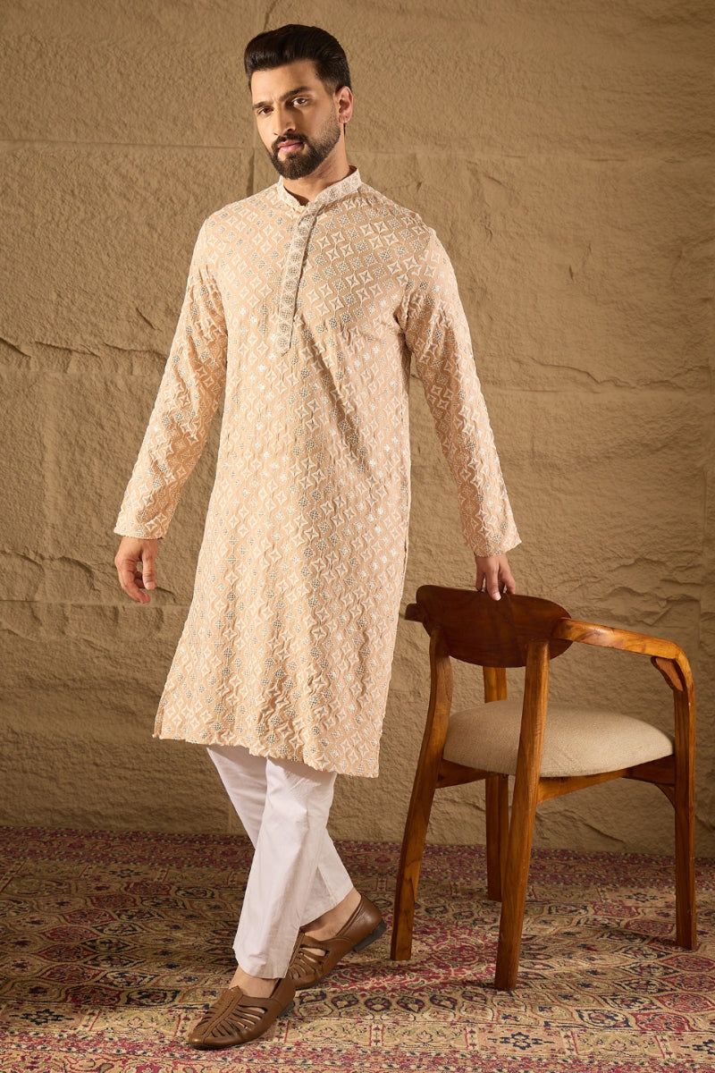 Beige Viscose Rayon Solid Embroidered Straight Kurta HOPMKU1235