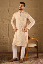 Beige Viscose Rayon Solid Embroidered Straight Kurta HOPMKU1235