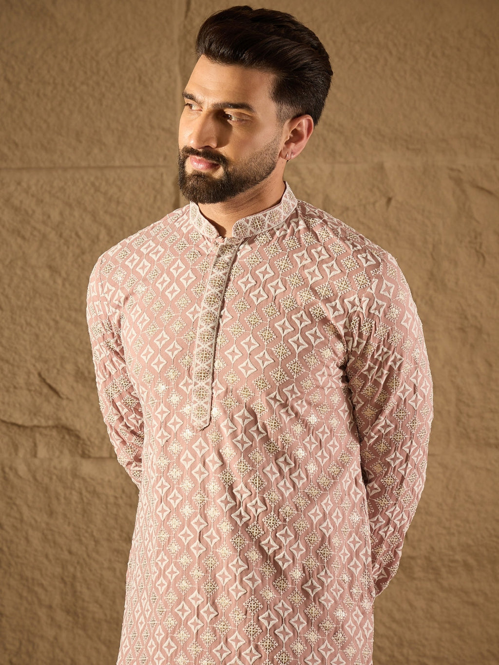 Men Pink Viscose Rayon Solid Embroidered Straight Kurta-MKU1236