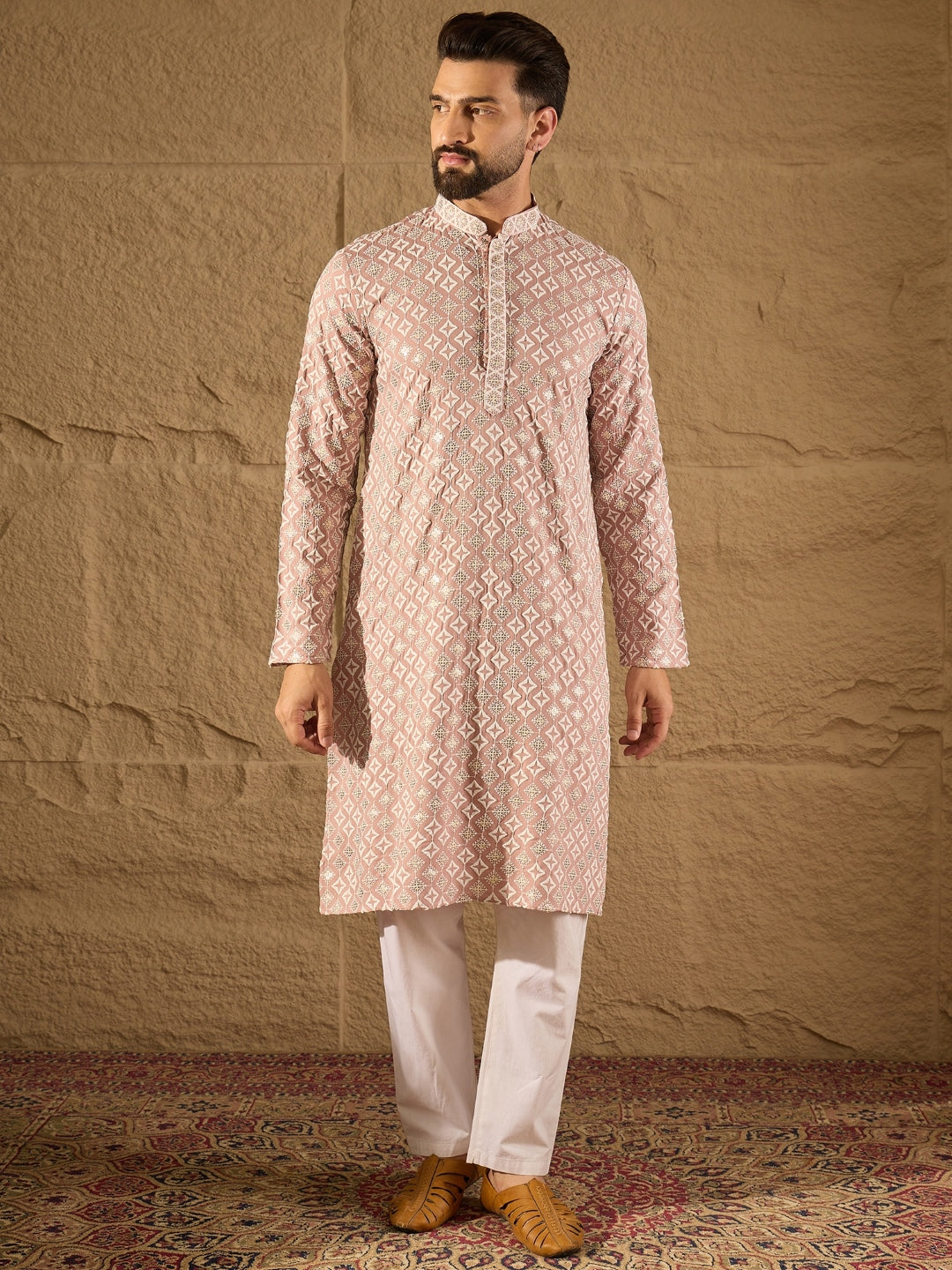 Men Pink Viscose Rayon Solid Embroidered Straight Kurta-MKU1236