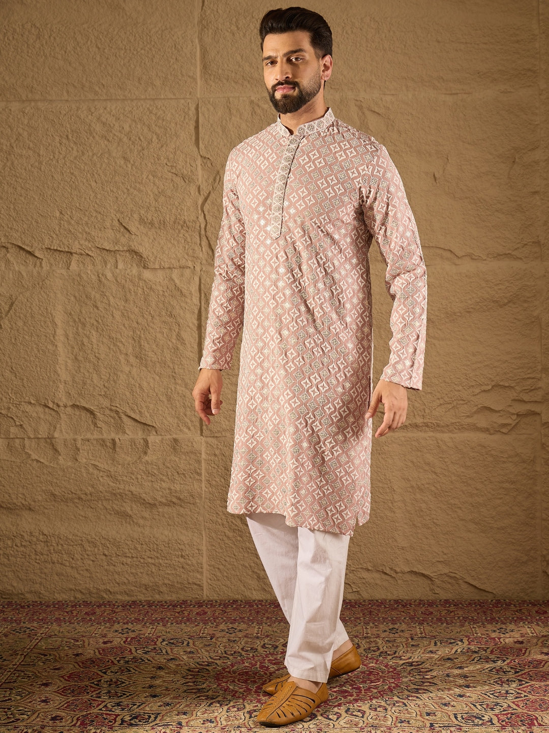 Men Pink Viscose Rayon Solid Embroidered Straight Kurta-MKU1236