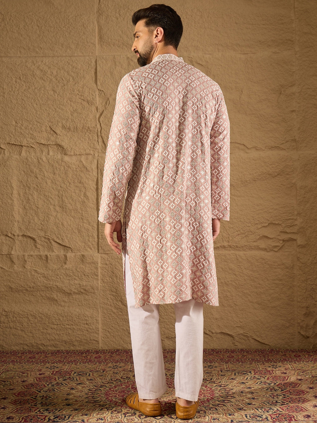 Men Pink Viscose Rayon Solid Embroidered Straight Kurta-MKU1236