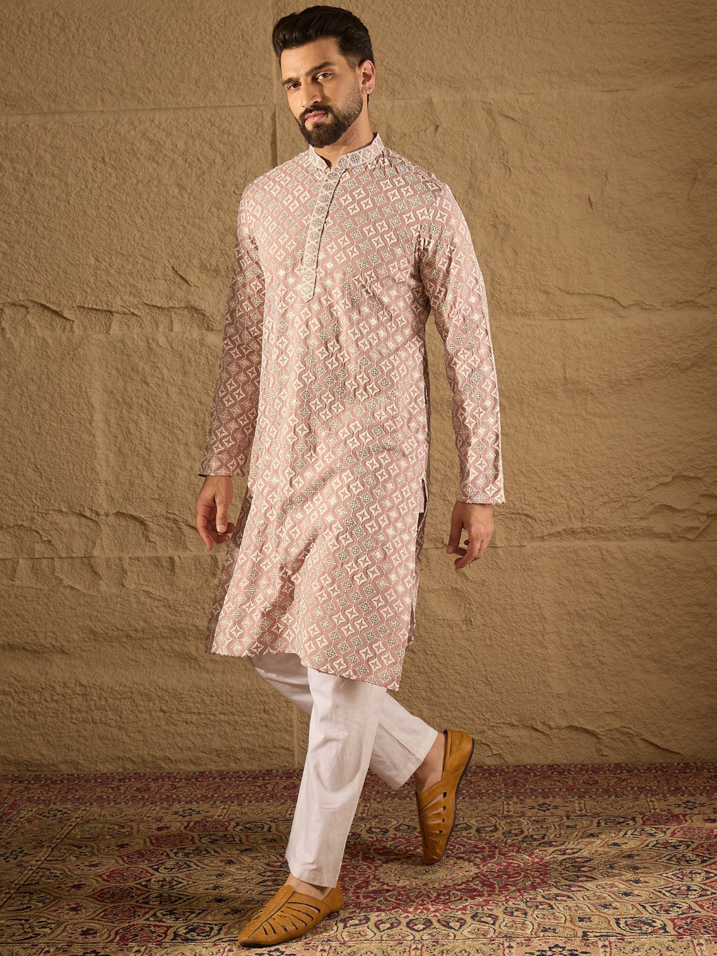 Men Pink Viscose Rayon Solid Embroidered Straight Kurta-MKU1236