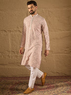 Men Pink Viscose Rayon Solid Embroidered Straight Kurta-MKU1236