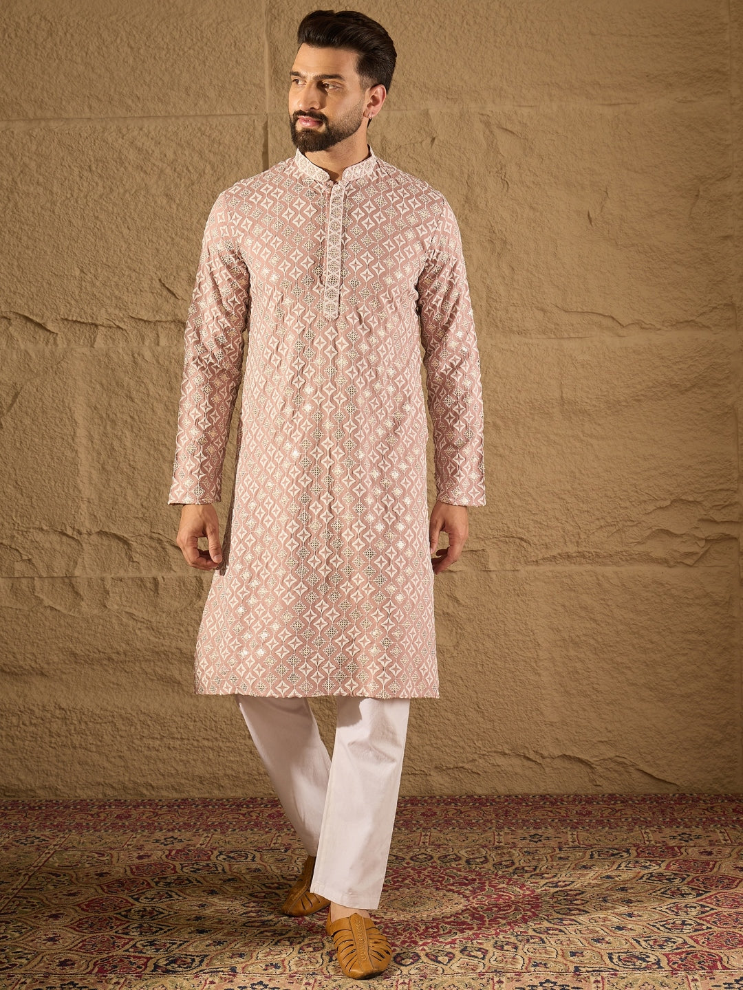 Men Pink Viscose Rayon Solid Embroidered Straight Kurta-MKU1236