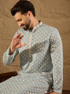 Men Blue Viscose Rayon Solid Embroidered Straight Kurta-MKU1237