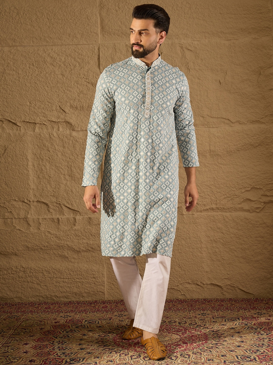Men Blue Viscose Rayon Solid Embroidered Straight Kurta-MKU1237